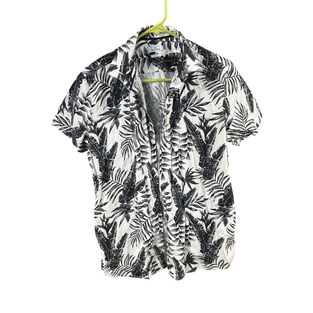 Johnny Cotton Mens Slim Fit Tropical Palm Leaf Print Button Down Shirt Lg White